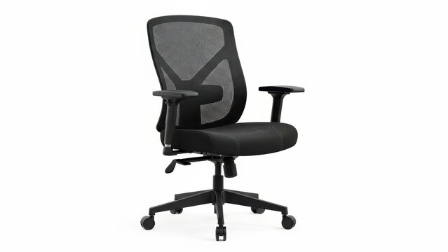 Black ergonomic office chair with mesh back and adjustable armrests on wheels