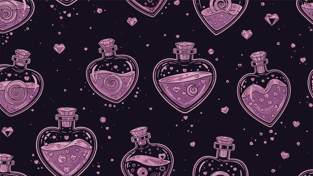 A magical and romantic seamless pattern of purple heart-shaped bottles filled with love potions and sparkling diamonds on a dark, starry night background.