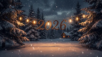 New Year 2026 Decoration with Festive Lights in Snowy Winter Forest at Night