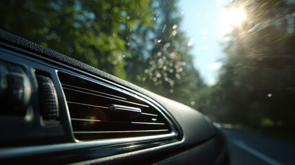 Interior car shot showing dashboard detail with air vent, sunlight streaming through trees, roadside view. Focus is on vent, trees blurred