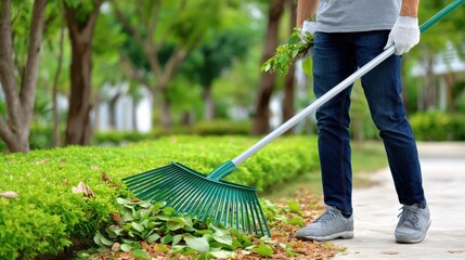 A person rakes fallen leaves in a well-maintained park, promoting a clean and tidy outdoor environment.