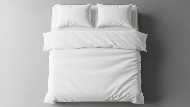 Minimalist white bedding set on modern bed in bright neutral bedroom top view