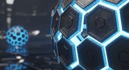 Abstract futuristic spheres with glowing blue details in a technological scene