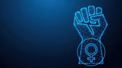 Naklejka premium Digital illustration of a glowing blue raised fist and female symbol representing feminism and power
