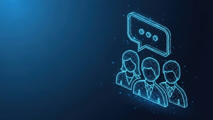 Digital illustration of a group of people communicating with a speech bubble above them representing discussion and connection
