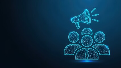 Digital illustration of a megaphone broadcasting a message to a group of stylized people representing a social media announcement or marketing campaign