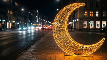 Illuminated glowing crescent moon light sculpture on city street at night isolated transparent