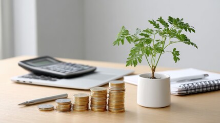 A serene workspace featuring a plant beside stacks of coins, a calculator, and a notebook, symbolizing growth and financial planning.