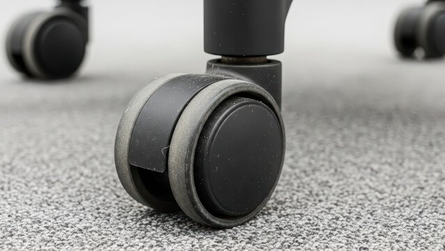 Close-up of black office chair caster wheel on gray carpeted floor with smooth rolling design