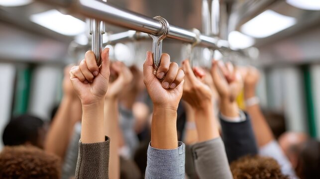 A crowded subway scene with diverse hands gripping overhead poles, showcasing urban transport and community interaction.