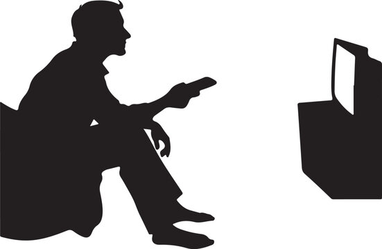 Vector Silhouette of a Man Sitting Watching Television and Holding Remote
