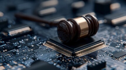 A wooden gavel rests upon a computer circuit board, blending legal concepts with technological infrastructure