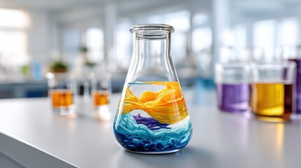 A colorful liquid experiment in a laboratory flask, showcasing vibrant hues of yellow, orange, blue, and purple against a softly blurred background.