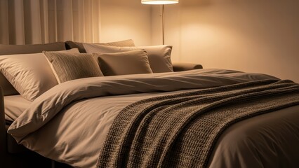 Cozy bedroom interior with warm lighting and comfortable bedding at night