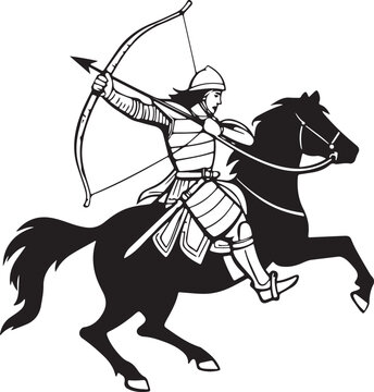 Black and white silhouette of a mounted archer warrior drawing bow on galloping horse.