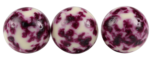 Three ice cream balls with purple sprinkles on a white background