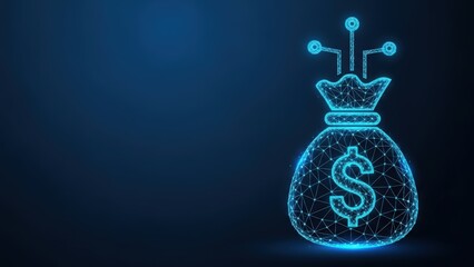 Digital money bag with dollar sign glowing with technological connections on a dark blue abstract background