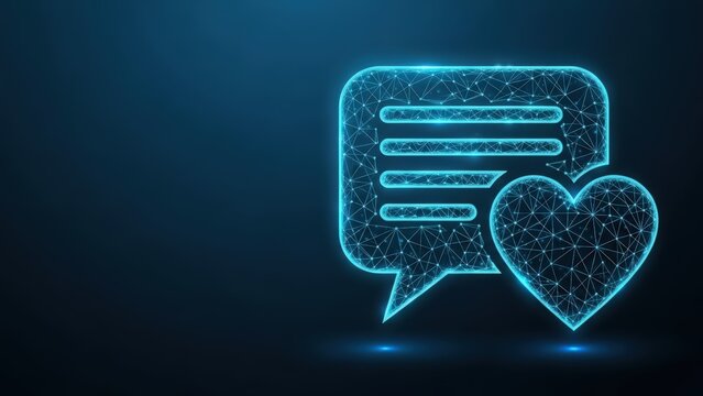 Digital message bubble with heart icon on dark blue background representing online communication and love - Powered by Adobe