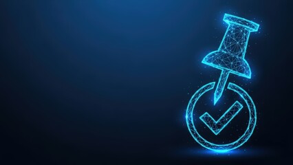 Digital pin with check mark signifying confirmation and task completion on a blue abstract background