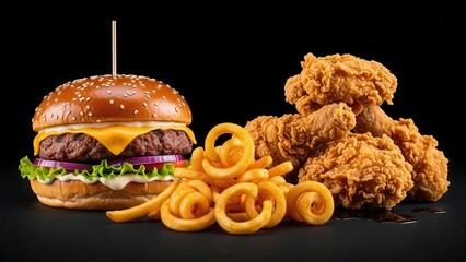 A limited time offer food campaign with a premium cheeseburger, crispy fried chicken, and golden curly fries on a solid black background for a sleek and modern look.