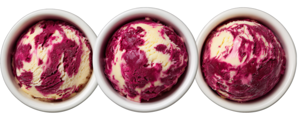 Three vibrant ice cream balls in white bowls against a clean white background
