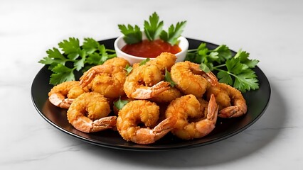 Fototapeta premium Crispy fried shrimp served with marinara sauce and fresh parsley