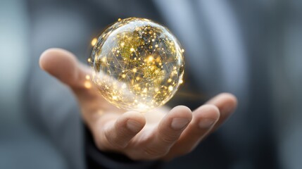 Businessman hand holding glowing digital globe representing global network connectivity and world business