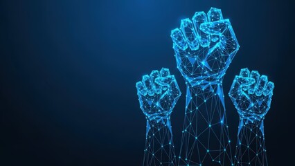 Digital wireframe fists raised in a symbol of digital power and protest against a dark blue background