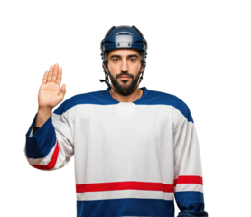 Young Male Hockey Player Pausing with Hand Raised on transparent background