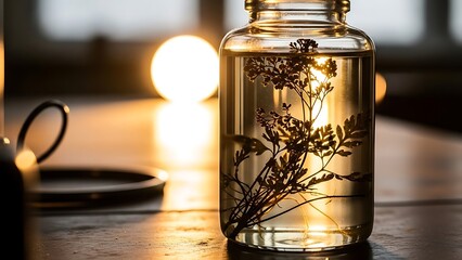 Glass Jar with Herb in Liquid on Table.