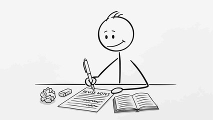 Stick figure writing notes in a notebook at a desk.