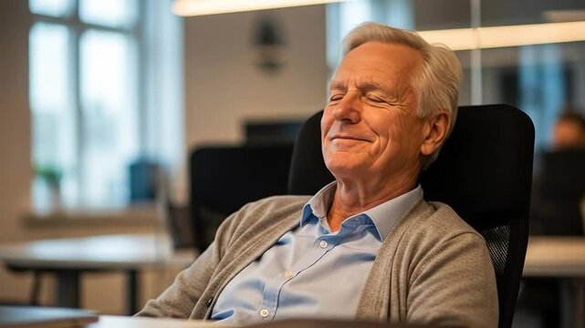 Elderly Man Sleeping in Office During Work Hours - Peaceful Atmosphere in Modern Workspace