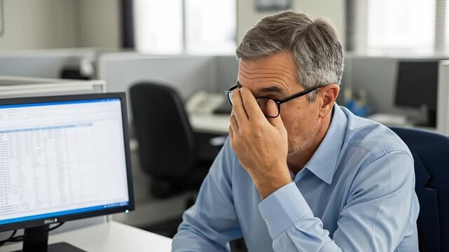 Thoughtful Older Man in Office Setting with Computer, Deep in Thought, Professionals at Work, Contemplation