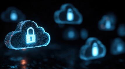 Cloud computing security concept with blue digital icons of padlocks and clouds