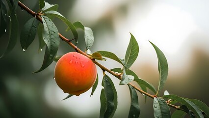 A ripe peach hanging from a tree branch with green leaves