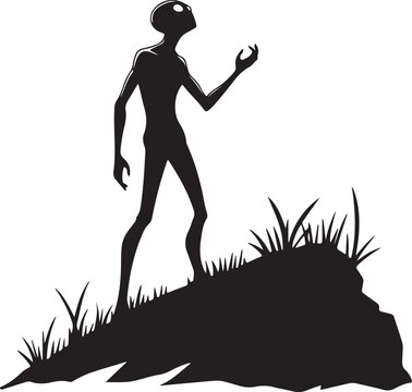 Mysterious alien silhouette standing on a mound, looking up at the sky