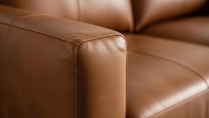 Close-up of brown leather sofa armrest with stitching details and smooth texture