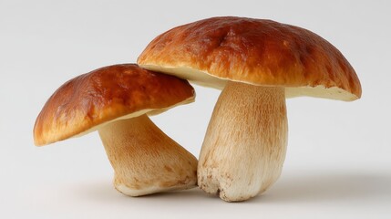 Close-up studio shot of two brown and cream-colored mushrooms against a plain white background, light and shadow play