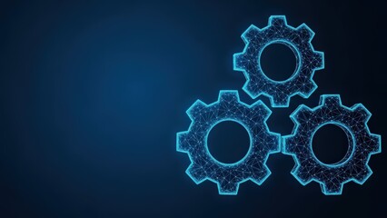 Three blue glowing digital gears interlocking on a dark background representing technological advancement and interconnected systems
