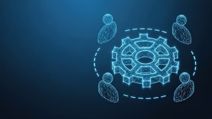 Two abstract figures connected by a glowing digital gear suggesting teamwork and technological integration