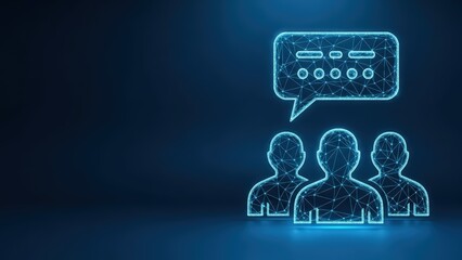 Two abstract figures in glowing digital wireframe style engaging in a conversation represented by a speech bubble