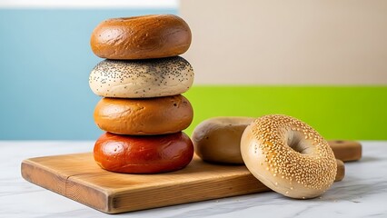 Assorted bagels stacked on wooden board