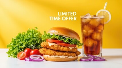 A seasonal campaign food display with a chicken tender burger, fresh vegetables, and a cold iced drink on a bright yellow background for limited time offers.