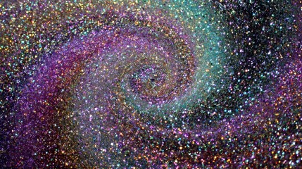 A vibrant, swirling galaxy of glittering particles forms a mesmerizing abstract spiral, creating a cosmic visual experience