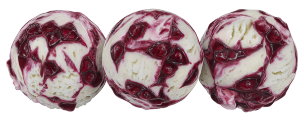 Three colorful ice cream balls arranged side by side on a white background