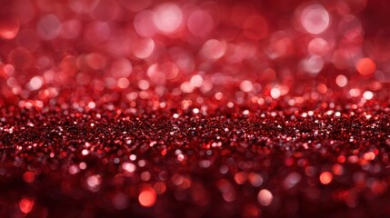 Close-up of sparkly, shimmering, red glitter particles creating an abstract bokeh effect. Light reflects, creating a festive scene