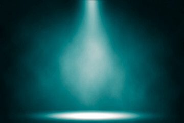 Blue spot light smoke illuminates the stage and show background.