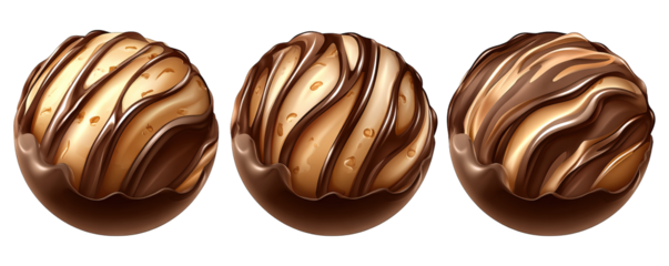 Three chocolate ice cream balls with swirled patterns on a white background viewed from directly above