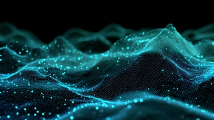 Abstract, futuristic, wavy mesh formation in luminous cyan and teal hues against a dark background, suggesting data or energy flow