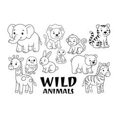 Fototapeta premium Cute Hand Drawn Wild Animal Line Art for Coloring Vector Set
